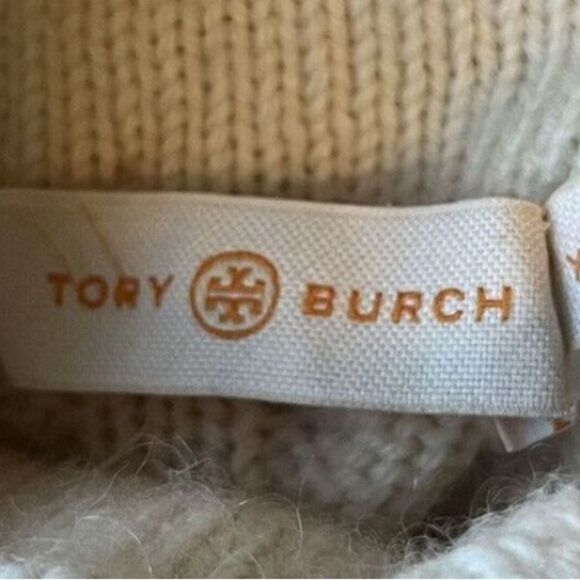 Tory Burch Sweater Nel Cable Knit Diamond Turtleneck Alpaca Wool in Cream Blue - Picture 14 of 15